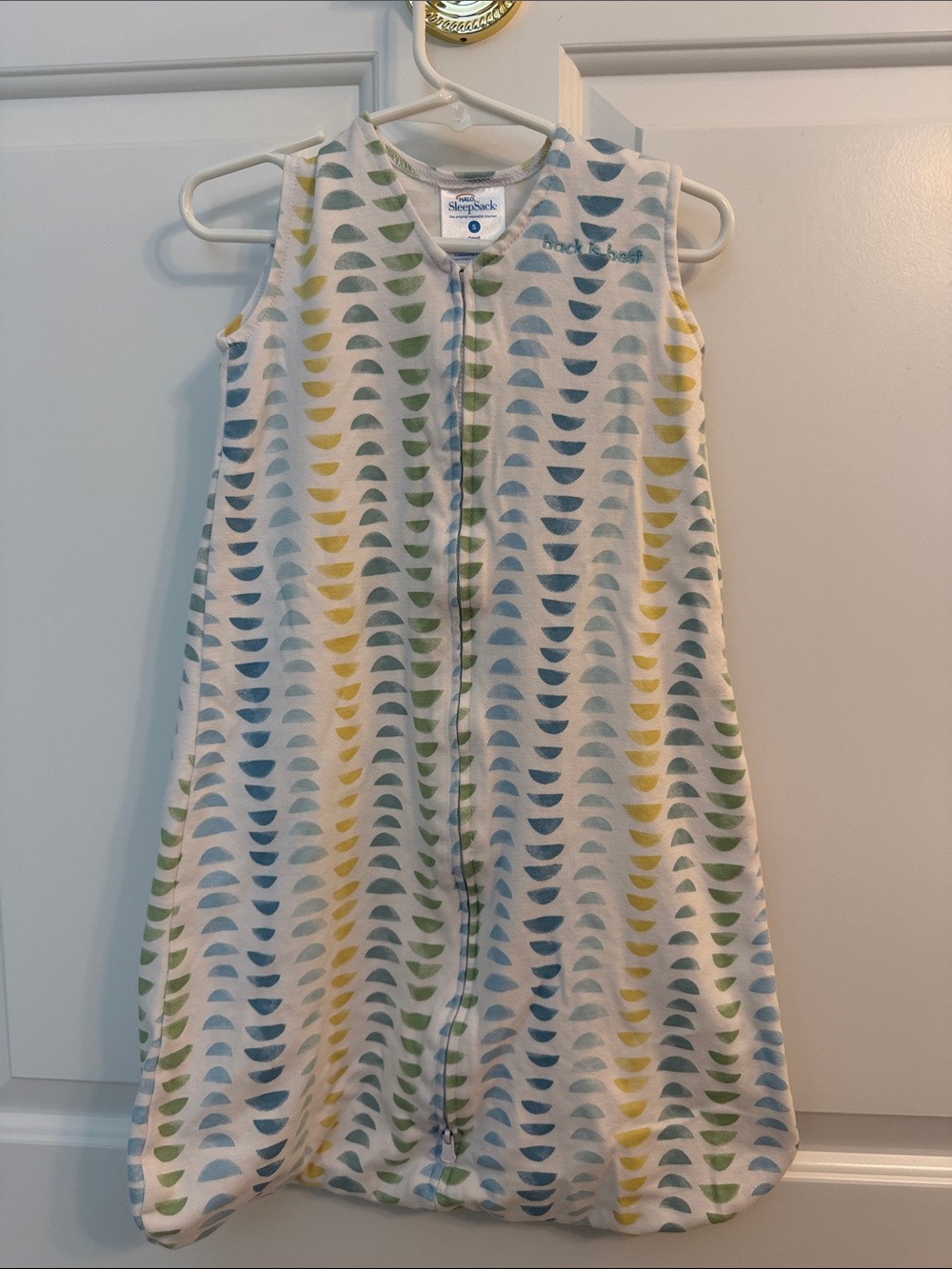 Halo Sleepsack Baby Sleep Sack in White with Blue, Green, and Yellow Pattern